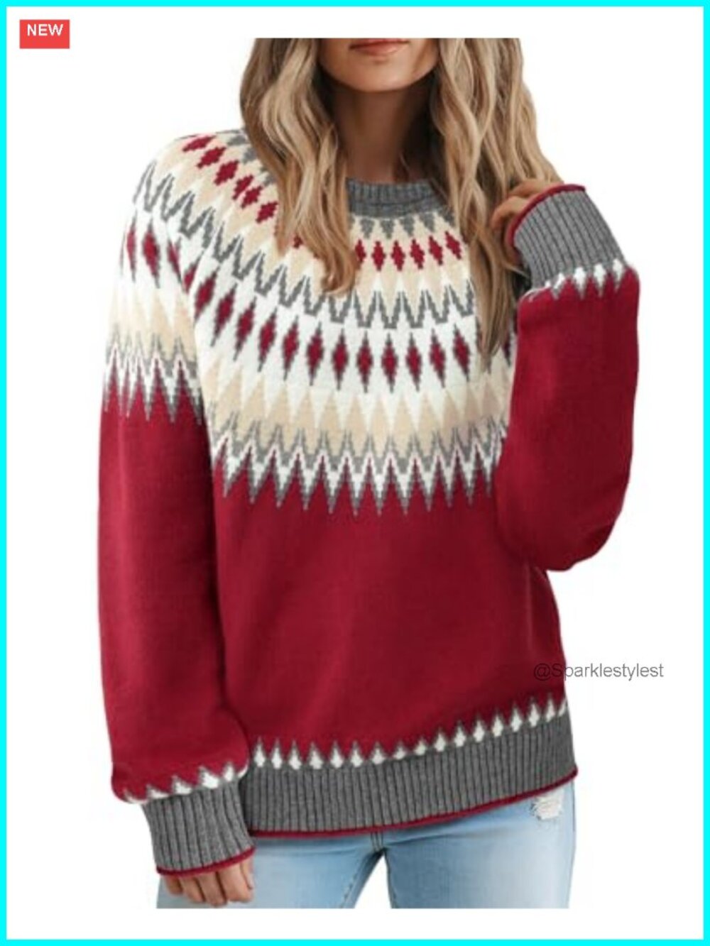 Fair Isle Sweater Ribbed Knit Pullover Cozy Winter Women's